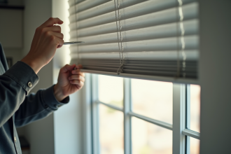 Personne réparant un volet roulant dans une maison lumineuse