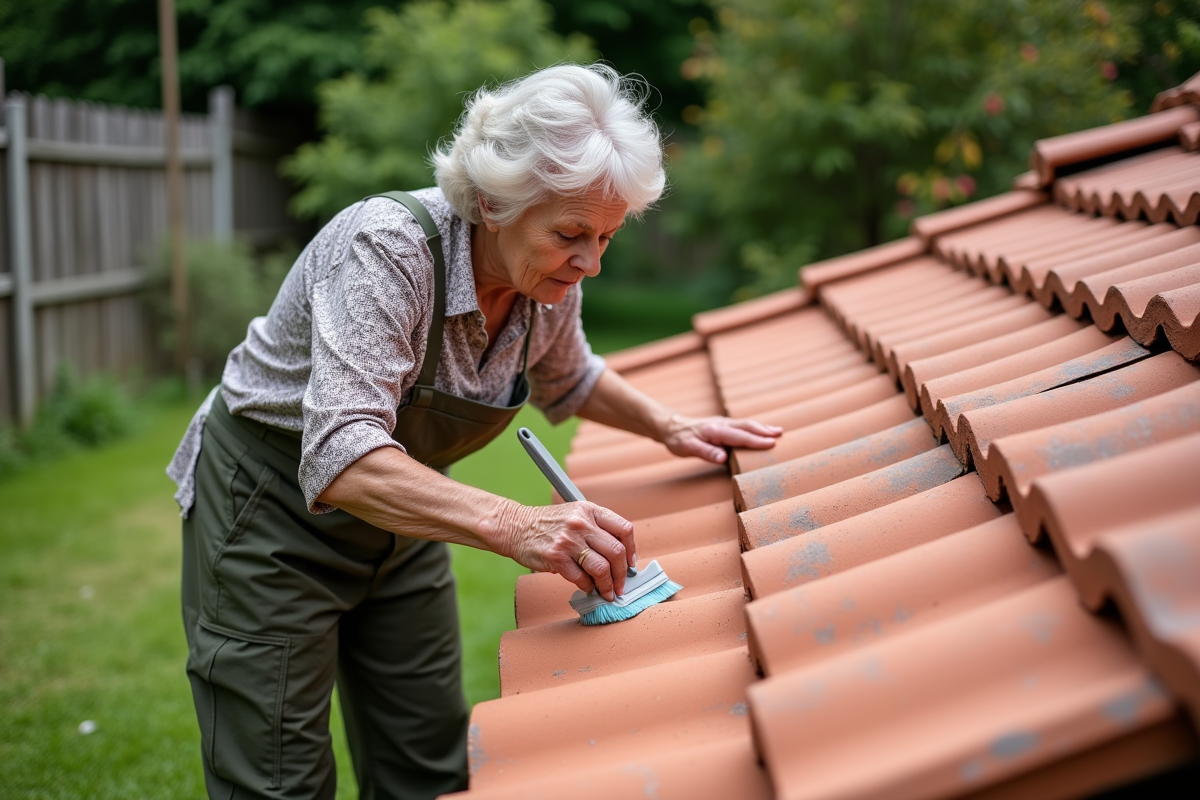 Femme retraitée appliquant un traitement sur des tuiles en terre cuite