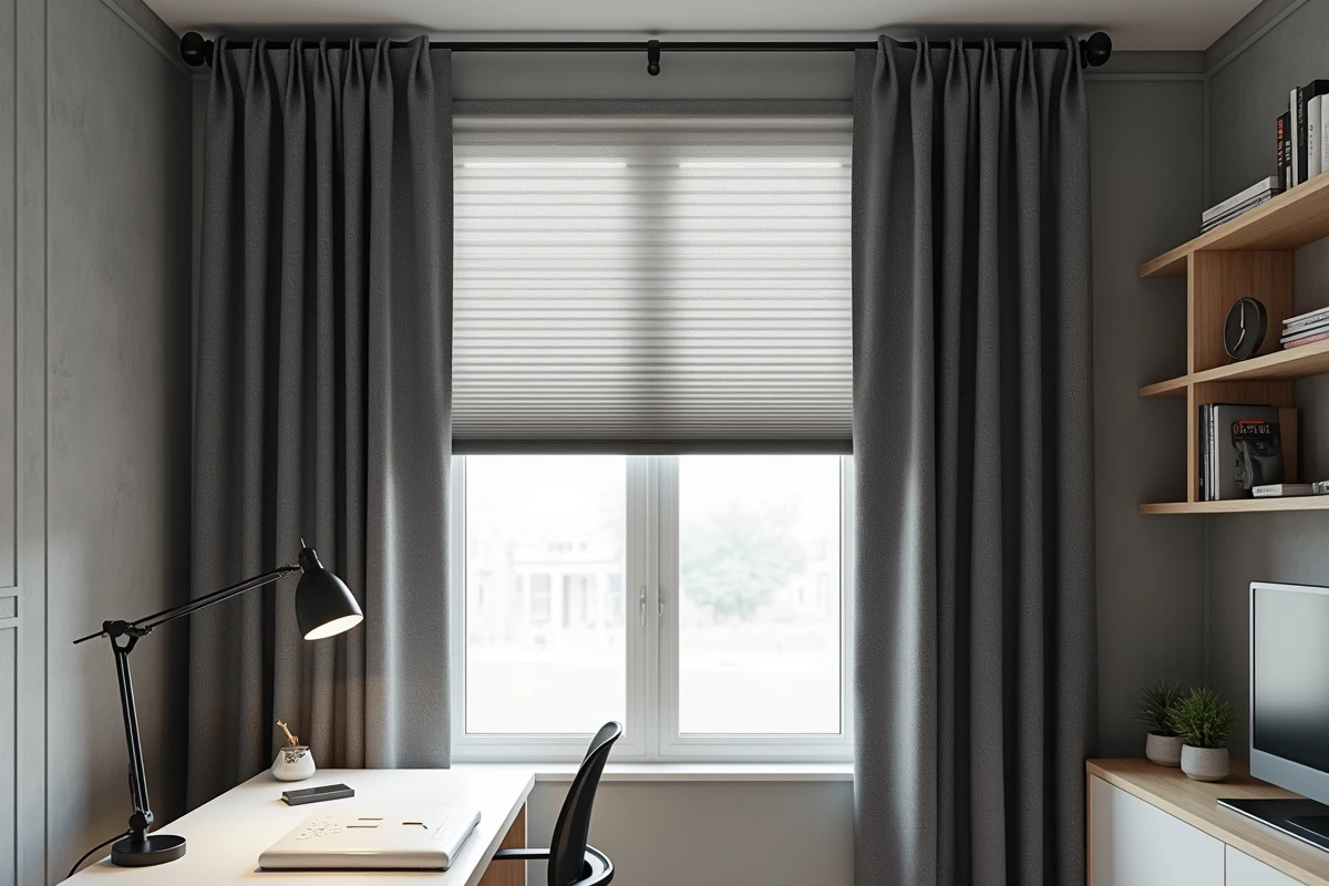 Rideau occultant à motif chevron gris anthracite combiné à un store plissé translucide dans un bureau à domicile contemporain