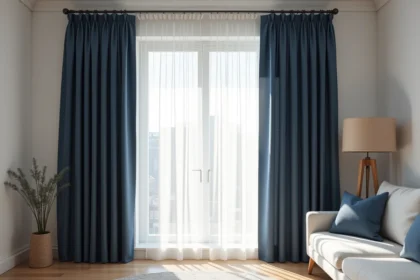 Rideau occultant à motif géométrique bleu marine associé à un voilage blanc dans un salon moderne au style scandinave