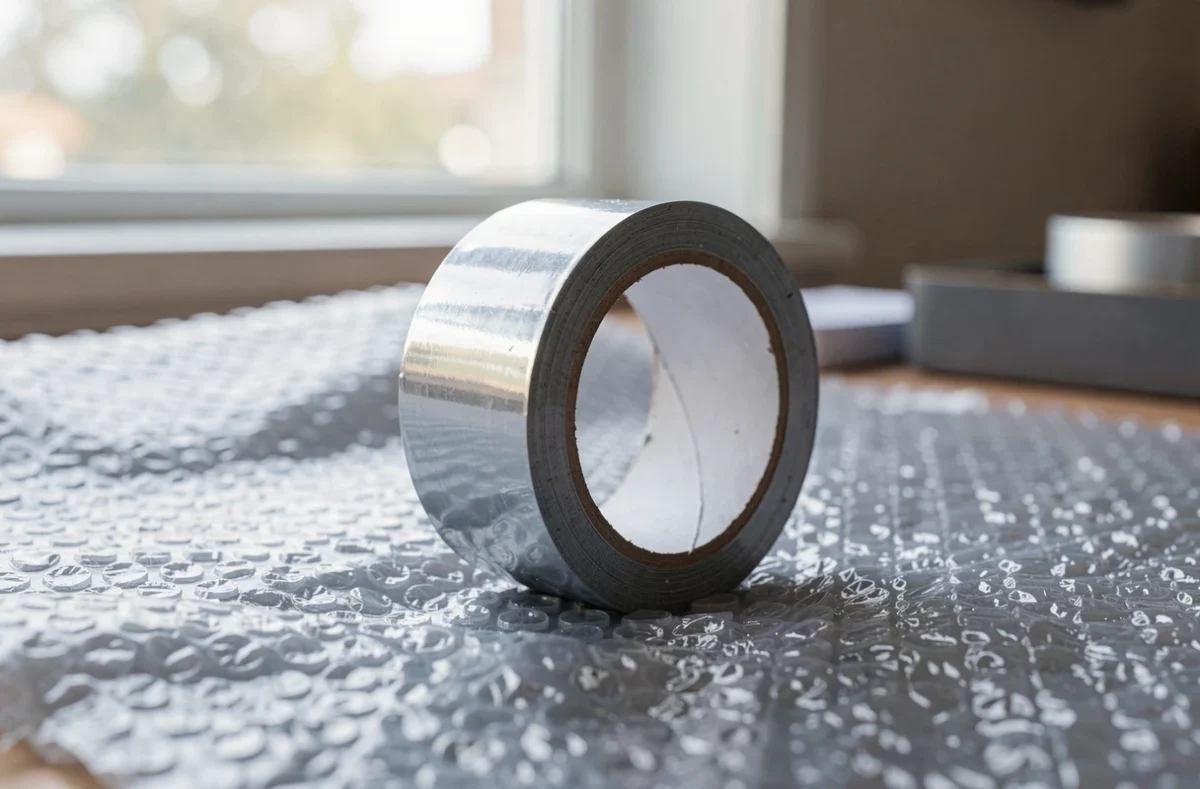 Rouleau de ruban adhésif aluminium posé sur une sous-couche de parquet