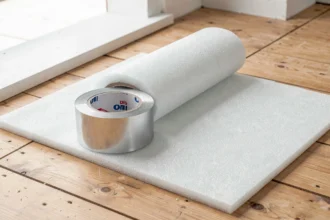 Rouleau de ruban adhésif et sous-couche déroulée avant la pose du parquet