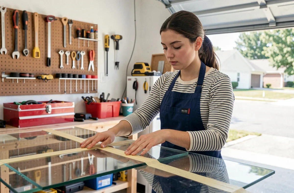 Femme appliquant du ruban adhésif sur du plexiglas pour éviter les fissures avant de percer avec une perceuse sans fil