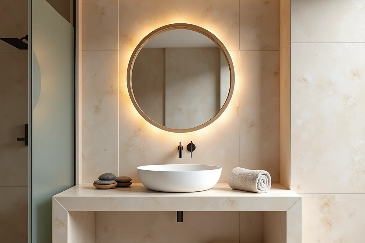Salle de bain épurée avec éclairage blanc chaud style spa et ambiance apaisante