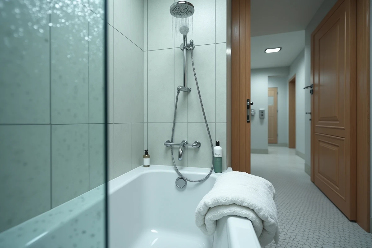 Salle de bain avec douche ouverte et vapeur d'eau, symbolisant le gaspillage d'eau à domicile