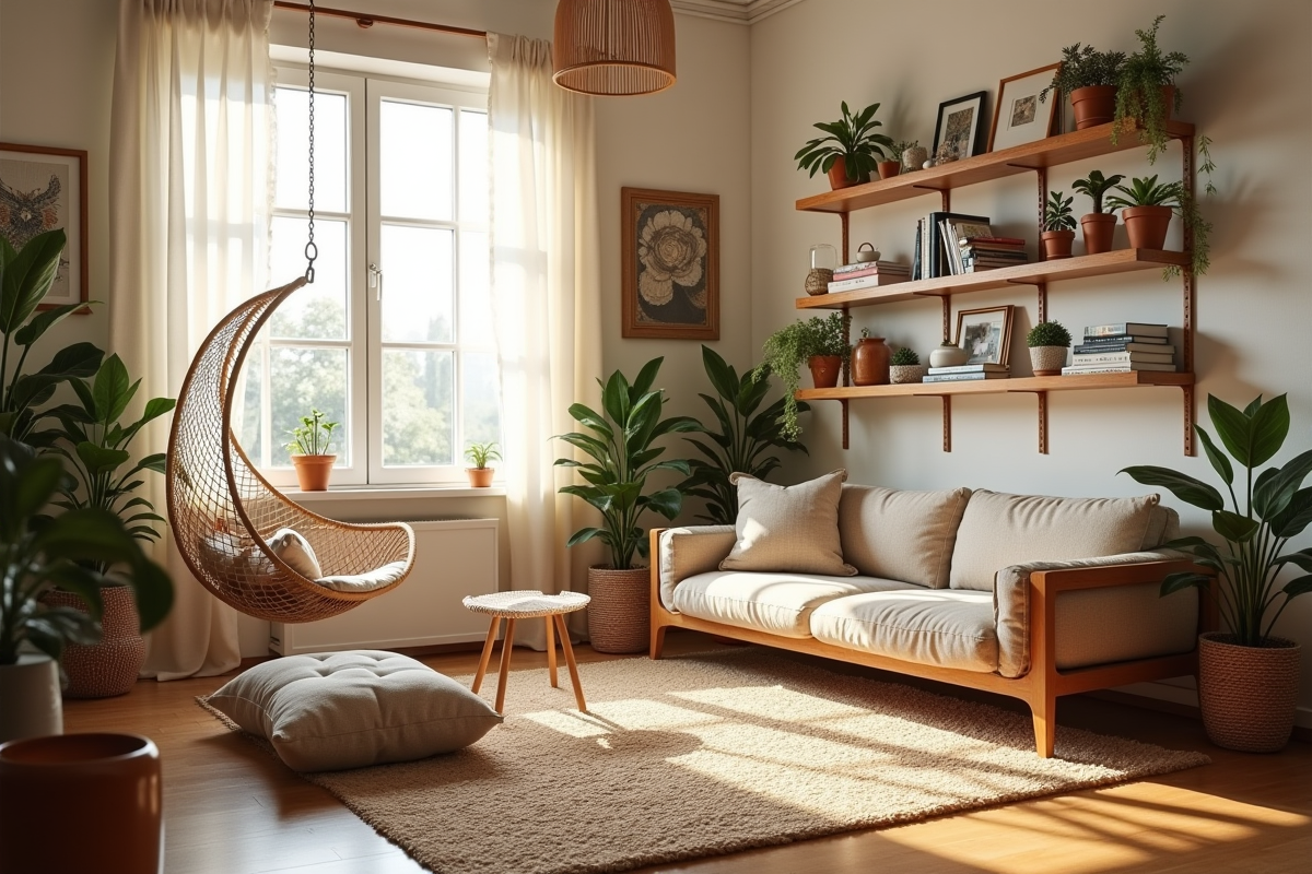 Salon cosy de style boheme avec coussins et plantes naturelles
