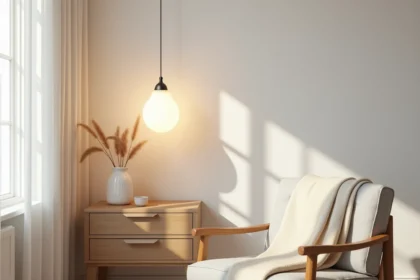 Salon minimaliste avec éclairage blanc chaud et atmosphère zen nordique