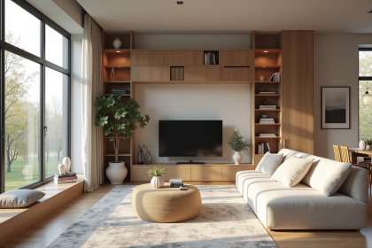 Petit salon moderne de style scandinave avec rangement mural et grand fenêtres