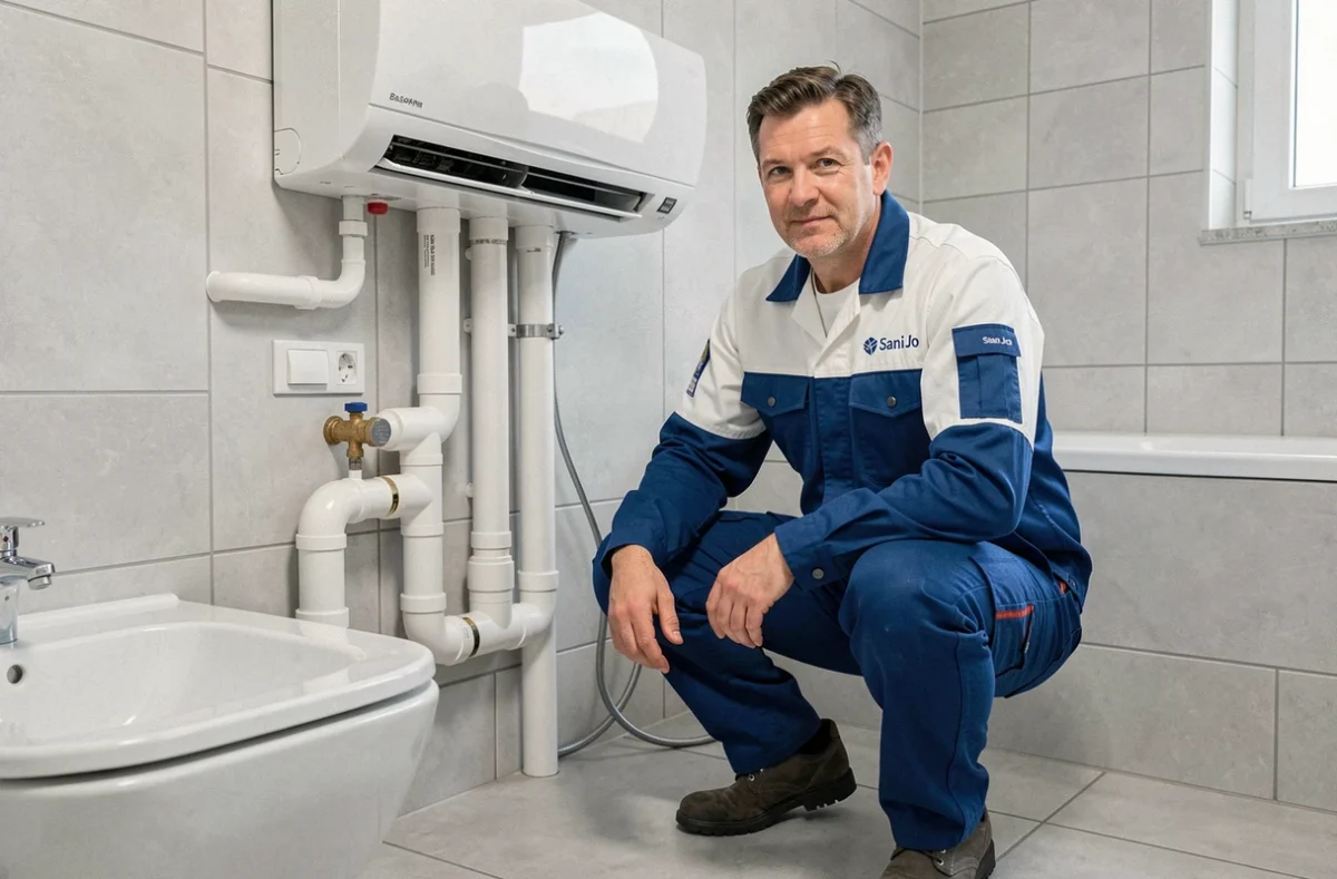 Technicien Sani Jo travaillant sur une installation de climatisation et sanitaire dans le Bas-Rhin