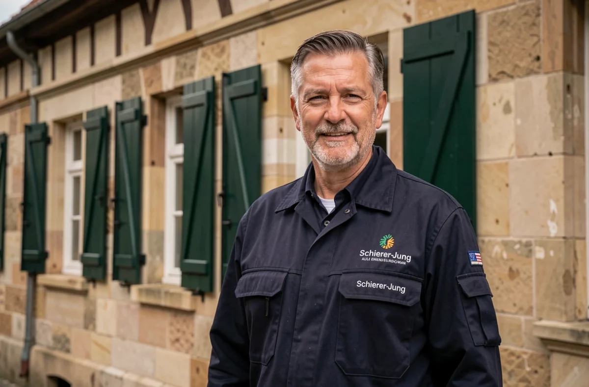 Artisan expérimenté de Schierer-Jung devant un bâtiment historique alsacien, entreprise de climatisation historique du Bas-Rhin