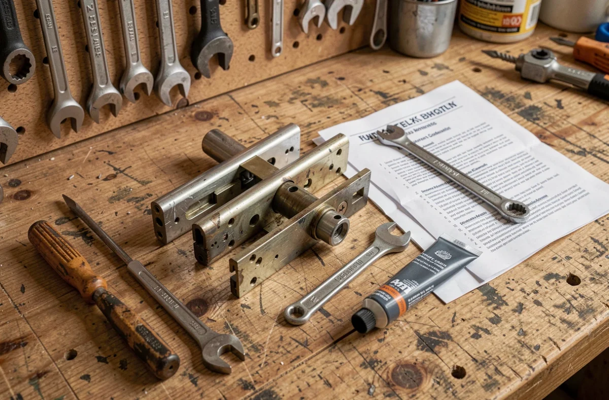 Serrure démontée sur un établi avec outils de réparation, guide pratique pour réparer une serrure soi-même en urgence