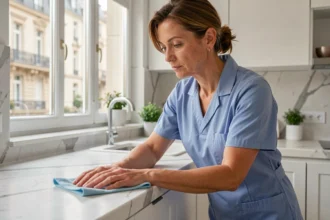 Femme de ménage professionnelle nettoyant le plan de travail d'une cuisine moderne dans un appartement à Belfort