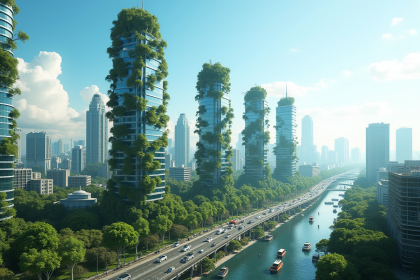 Silhouette d'une ville futuriste en 2050 avec gratte-ciel verts et panneaux solaires