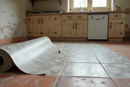 Rouleau de sol PVC effet carrelage déroulé sur un ancien carrelage de cuisine, montrant le contraste entre l'ancien et le nouveau revêtement de sol