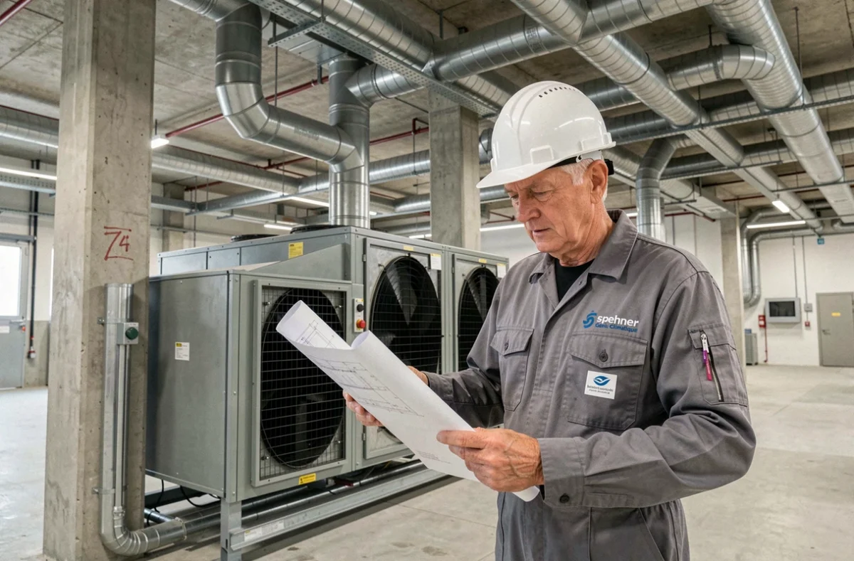 Ingénieur Spehner Génie Climatique inspectant une installation HVAC industrielle en Alsace