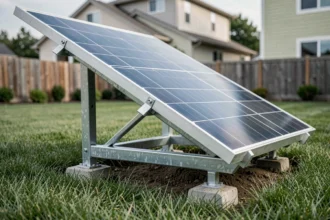 Structure de support en acier galvanisé pour panneau solaire posé au sol dans un jardin résidentiel