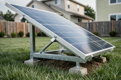 Structure de support en acier galvanisé pour panneau solaire posé au sol dans un jardin résidentiel