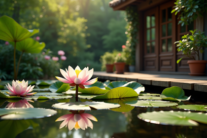 Étang de jardin avec nénuphars et verdure