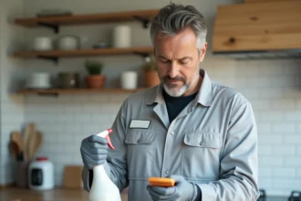 Technicien en désinsectisation lisant l'étiquette du produit Aedex EC avant application dans une cuisine