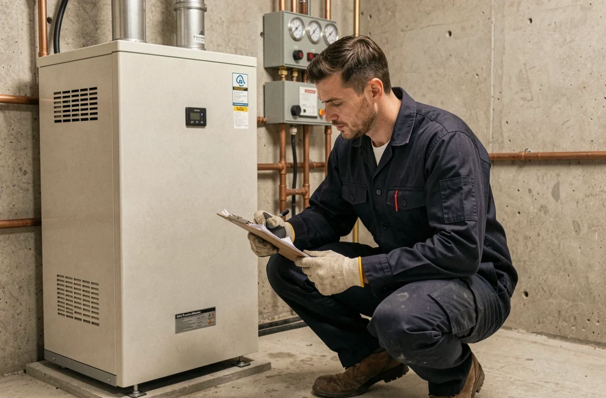 Technicien en train d'installer une pompe à chaleur air-eau dans une chaufferie résidentielle