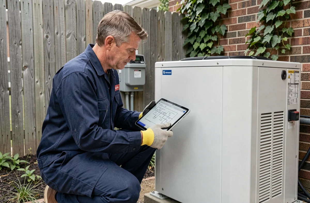 Technicien HVAC installant une pompe à chaleur air/eau Atlantic dans un jardin résidentiel