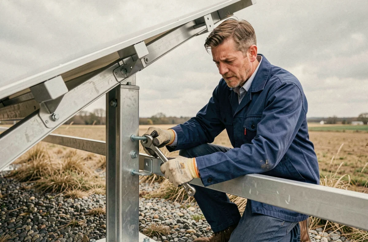 Technicien installant le support d'un panneau solaire au sol avec une clé à molette sur un terrain rural