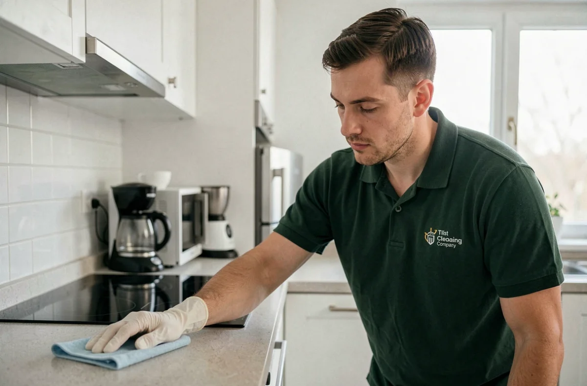 Technicien de nettoyage professionnel essuyant un plan de travail de cuisine dans un appartement du 93