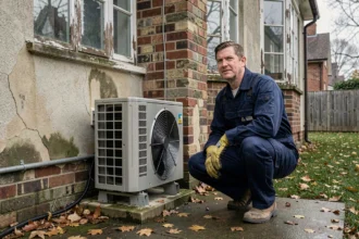 Technicien installant une pompe à chaleur sur une maison ancienne mal isolée aux murs dégradés