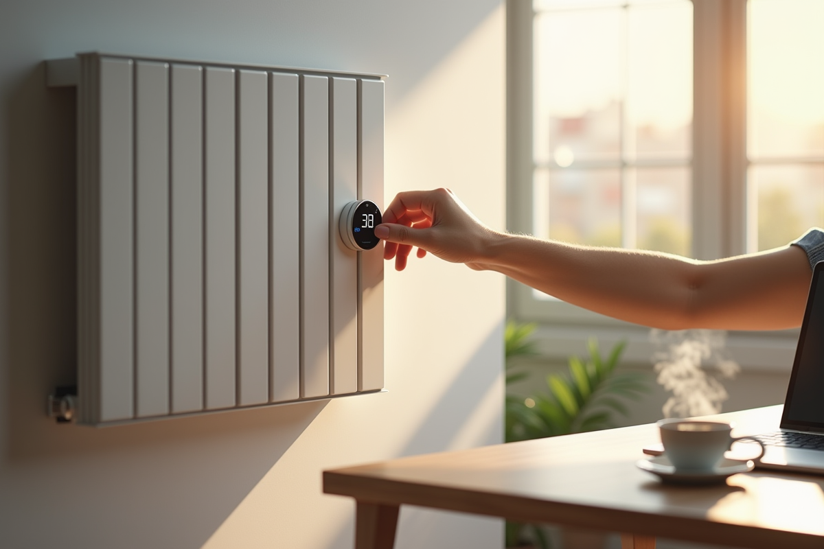 Main ajustant un thermostat numérique sur un radiateur dans une cuisine moderne