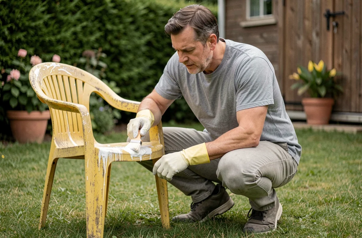 Homme appliquant un traitement blanchissant sur une chaise de jardin en plastique jauni