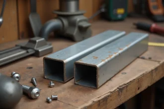 Profils de tubes en aluminium rectangulaires posés sur un établi extérieur, montrant la texture brossée et les angles précis du métal