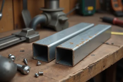 Profils de tubes en aluminium rectangulaires posés sur un établi extérieur, montrant la texture brossée et les angles précis du métal