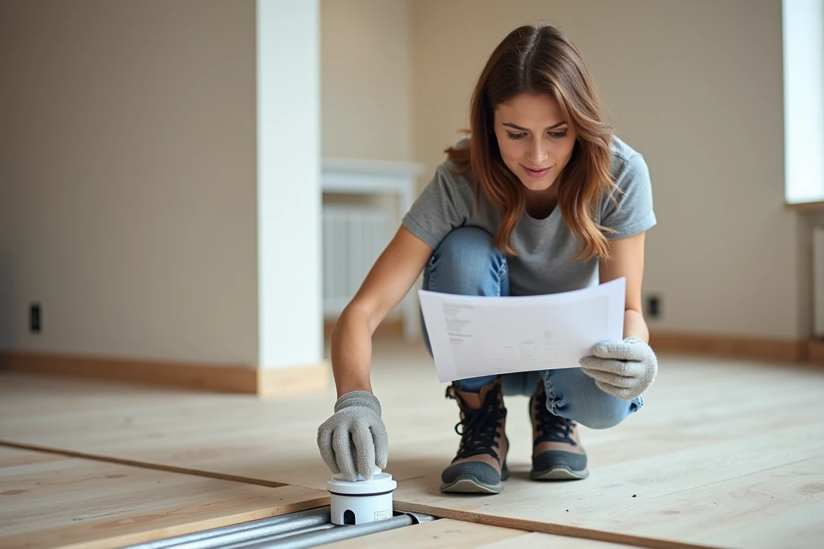 Femme vérifiant les critères d'une prise pour goulotte électrique lors de travaux de rénovation intérieure