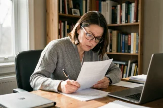 Femme vérifiant un justificatif de domicile imprimé à son bureau à domicile en 2026