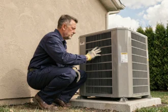 Technicien en train de vérifier le bon fonctionnement d'une pompe à chaleur extérieure dans un jardin résidentiel