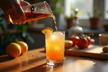 Versement d un liquide dans un verre highball avec ingrédients