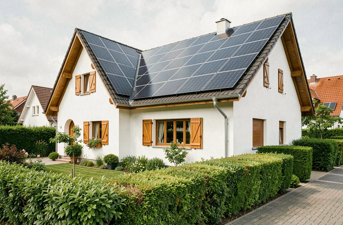 Vue d'ensemble d'une maison pavillonnaire avec toiture entièrement équipée de panneaux solaires Antarion intégrés